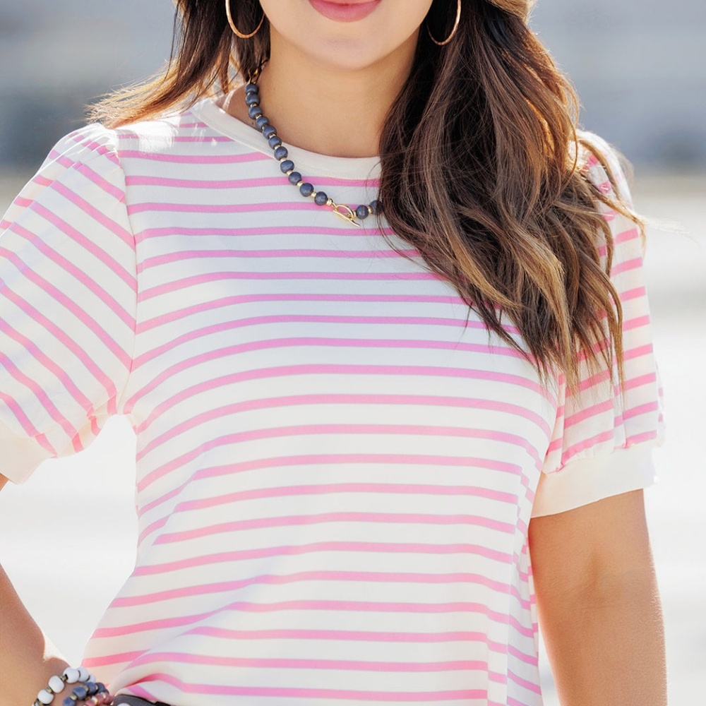 Adorable Puff Sleeve Pink Striped Blouse!